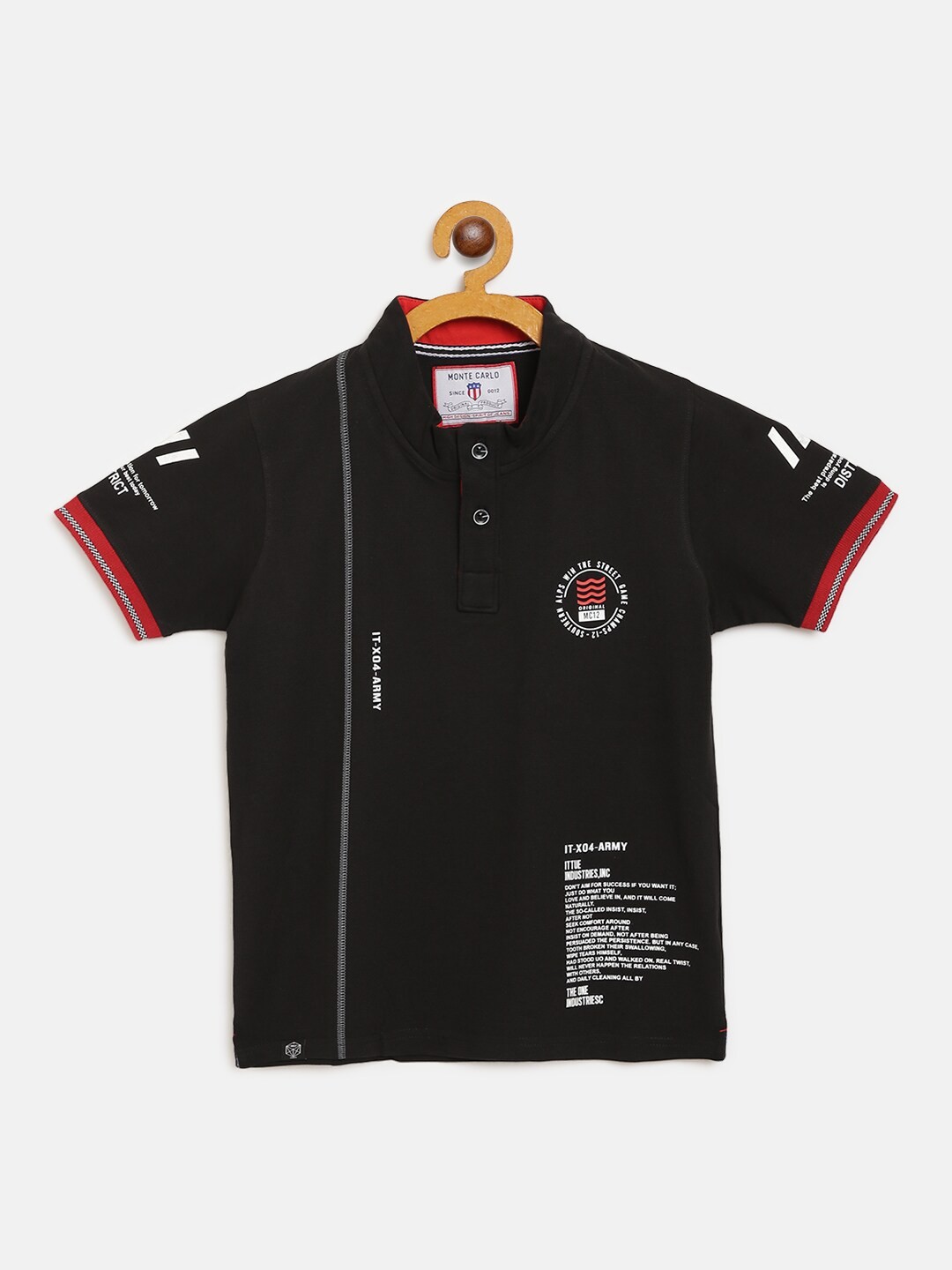 

Monte Carlo Boys Black Solid Stand Collar T-shirt with Printed Detail
