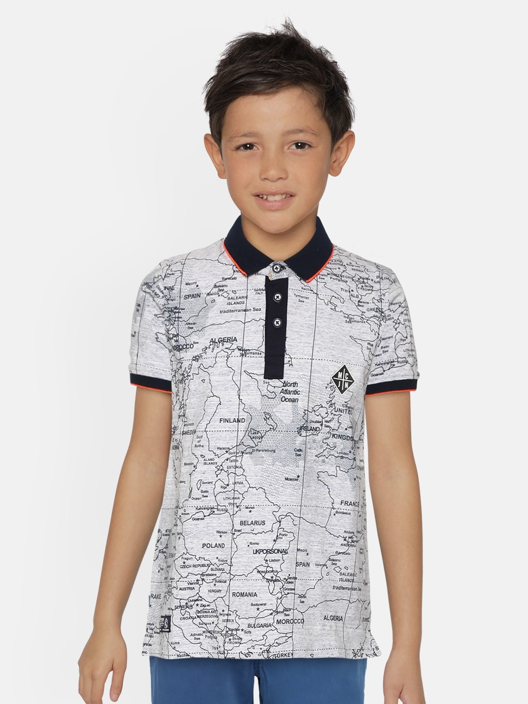 

Monte Carlo Boys Grey Melange & Blue Map Print Polo Collar T-shirt