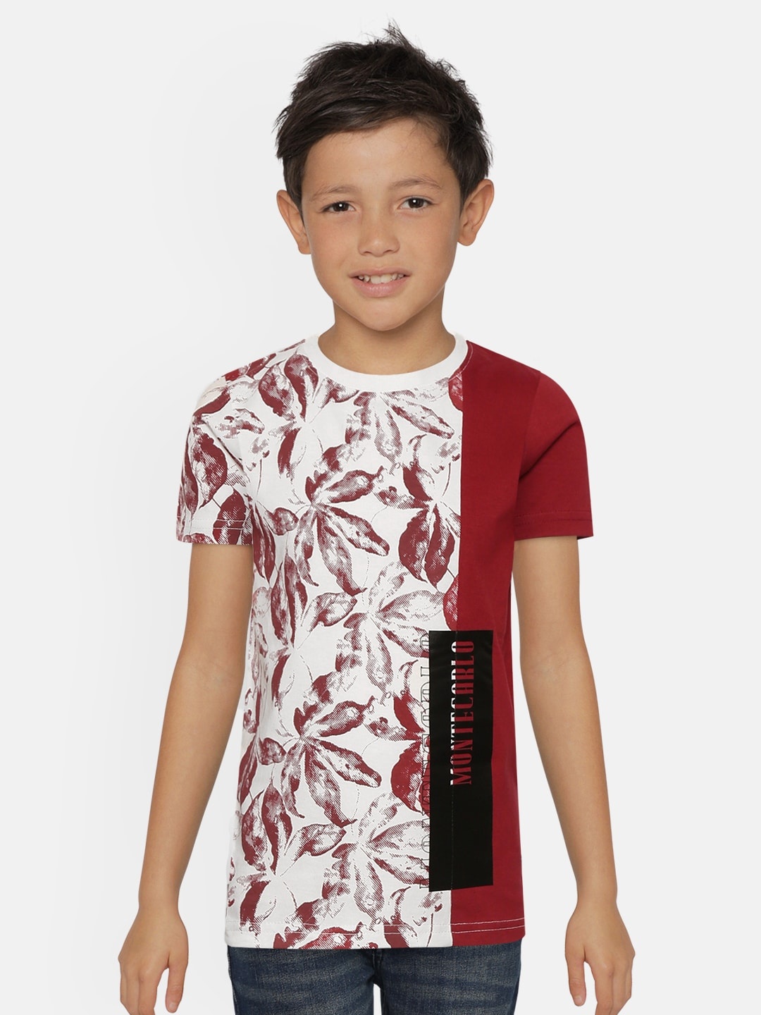 

Monte Carlo Boys Maroon & White Leaf Print Round Neck T-shirt