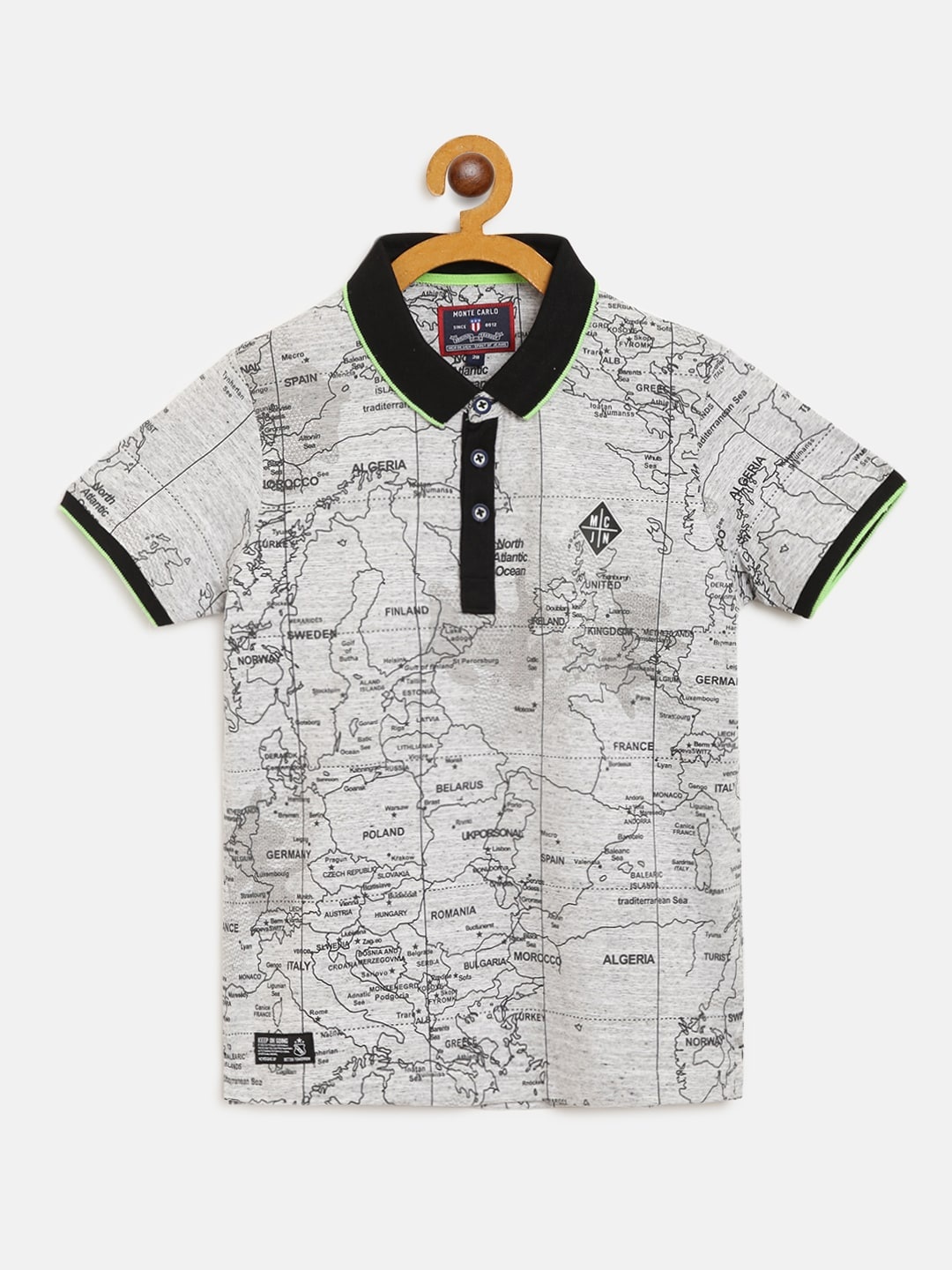 

Monte Carlo Boys Grey Melange & Black Map Print Polo Collar T-shirt