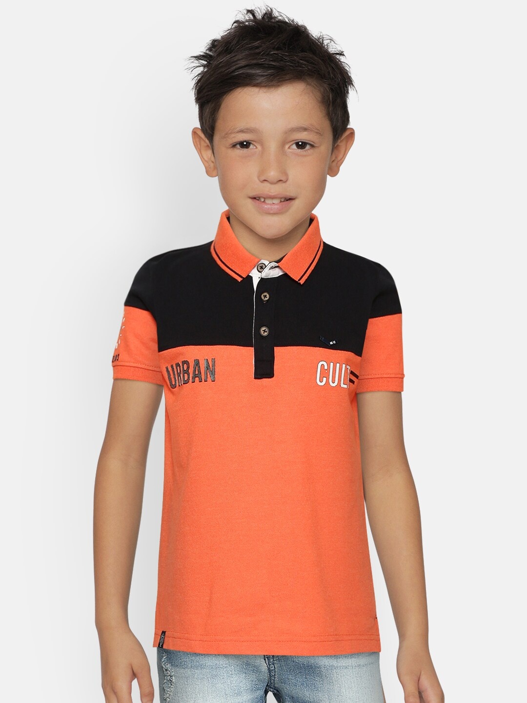 

Monte Carlo Boys Coral Orange & Navy Blue Colourblocked Polo Collar T-shirt
