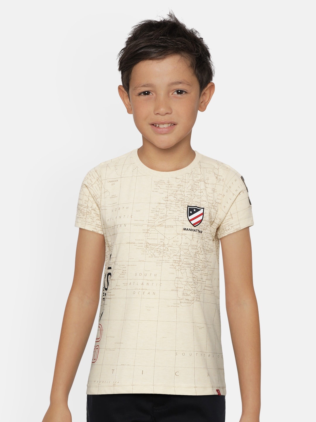 

Monte Carlo Boys Cream-Coloured Map Print Round Neck T-shirt