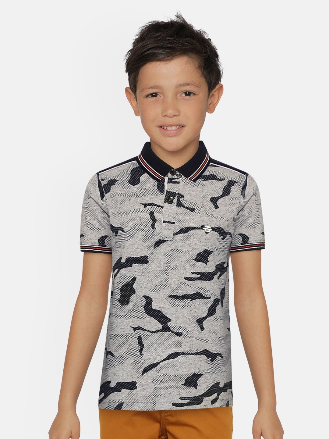 

Monte Carlo Boys Navy Blue & Grey Melange Camouflage Print Polo Collar T-shirt