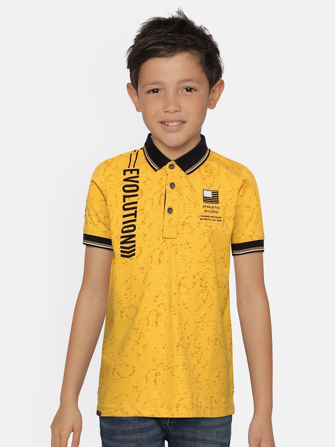 

Monte Carlo Boys Mustard Yellow & Black Printed Polo Collar T-shirt