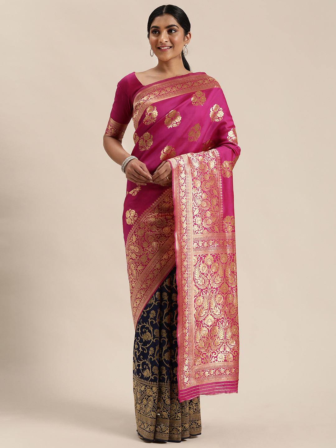 

Mitera Navy Blue & Gold-Toned Silk Blend Woven Design Kanjeevaram Saree