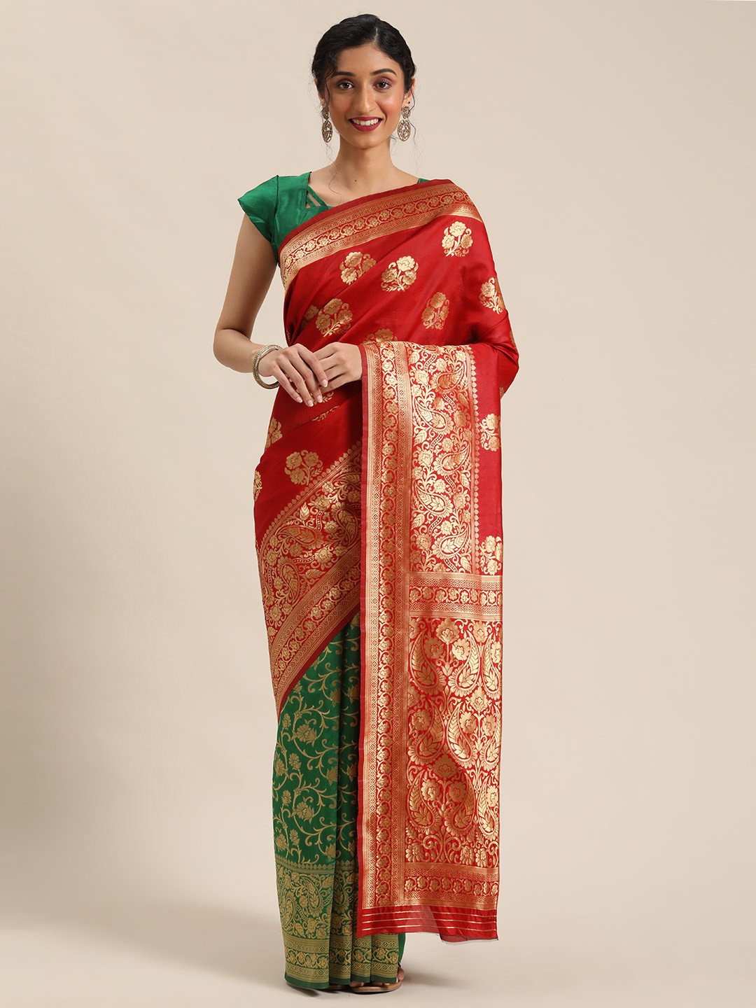 

Mitera Red & Green Silk Blend Woven Design Half and Half Kanjeevaram Saree