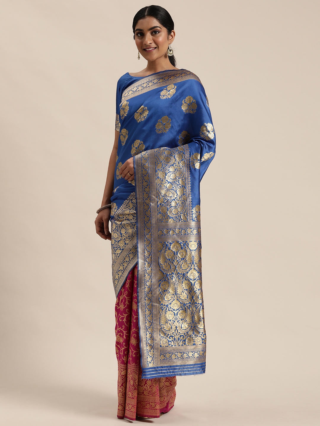 

Mitera Blue & Gold-Toned Silk Blend Woven Design Kanjeevaram Saree