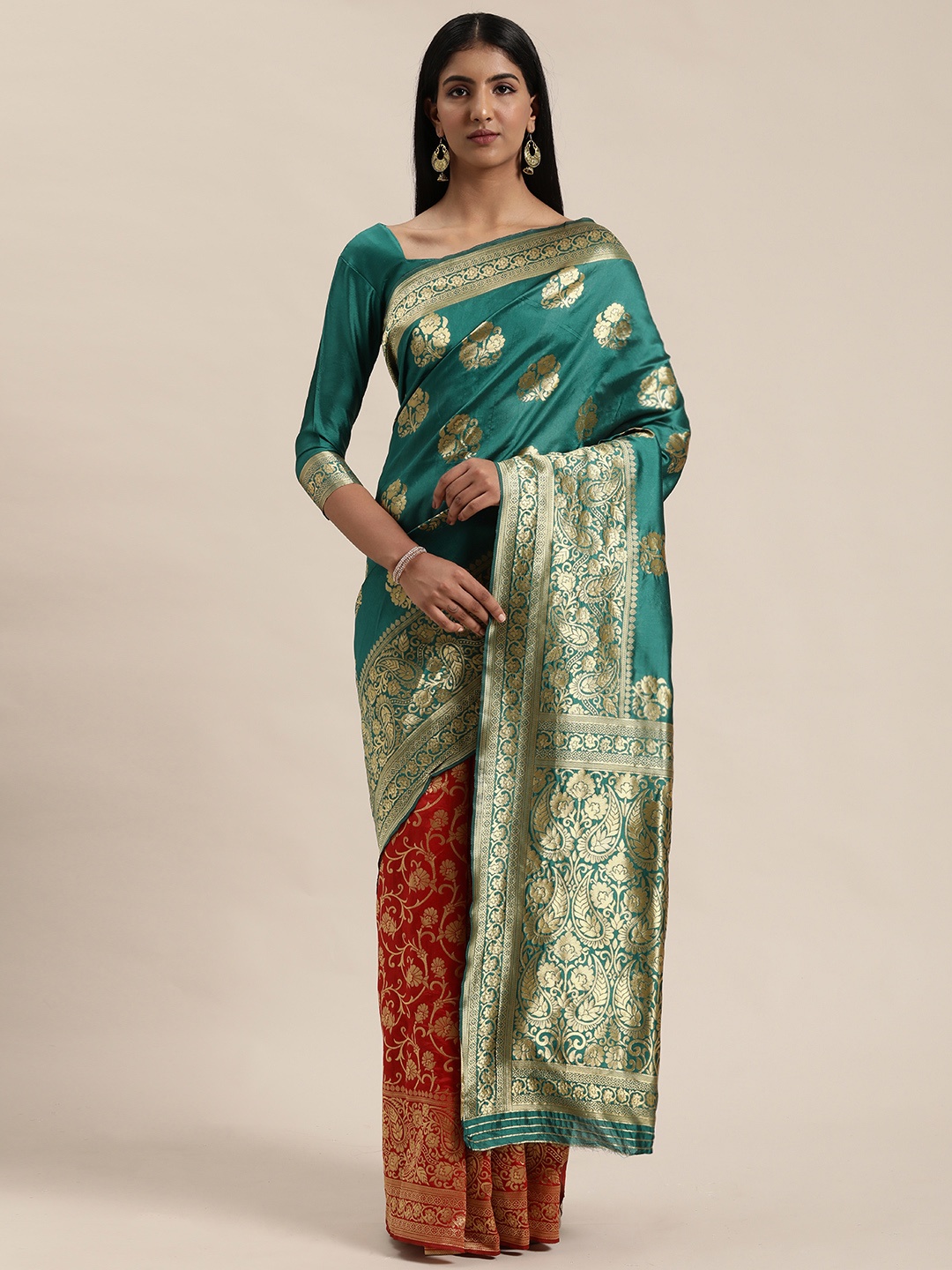 

Mitera Green & Gold-Toned Woven Design Banarasi Saree
