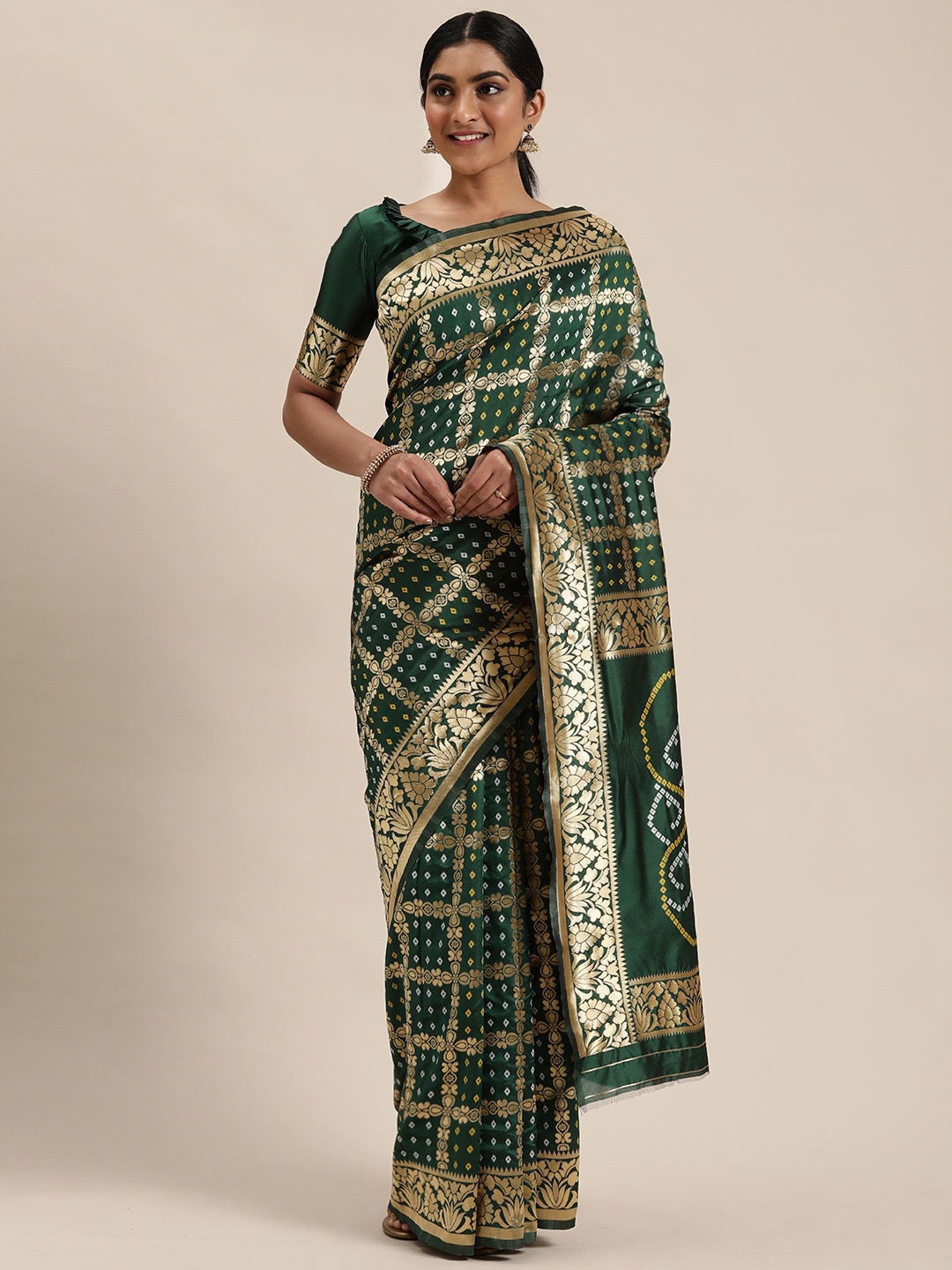 

Mitera Green & Gold-Toned Woven Design Bandhani Saree