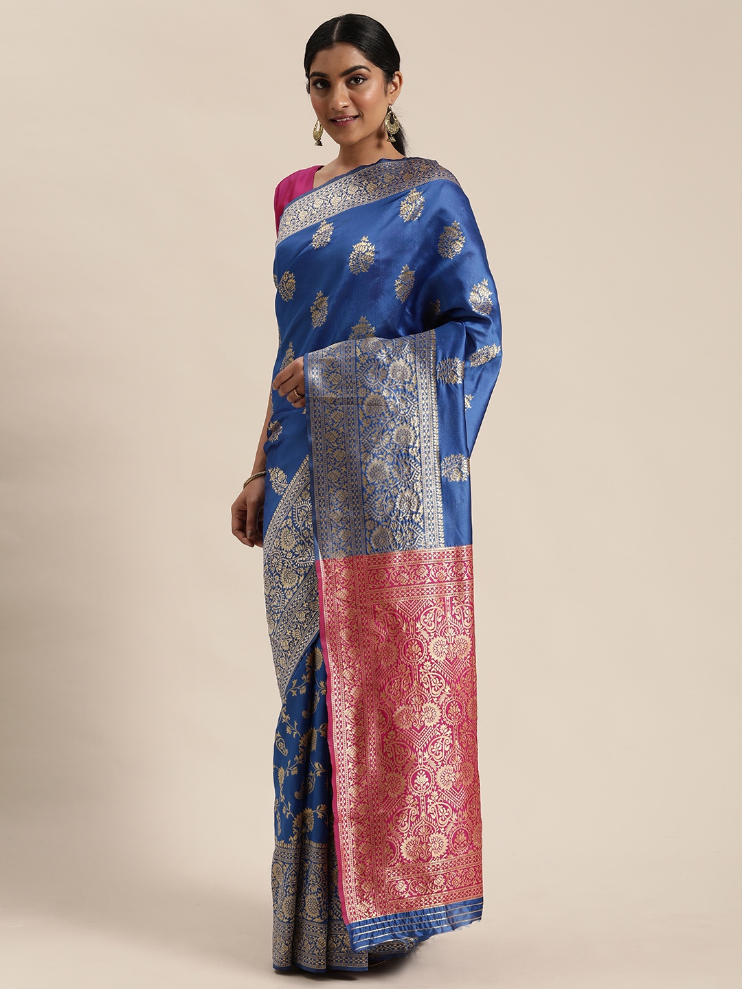 

Mitera Blue & Gold-Toned Silk Blend Woven Design Celebrity Banarasi Zari Saree