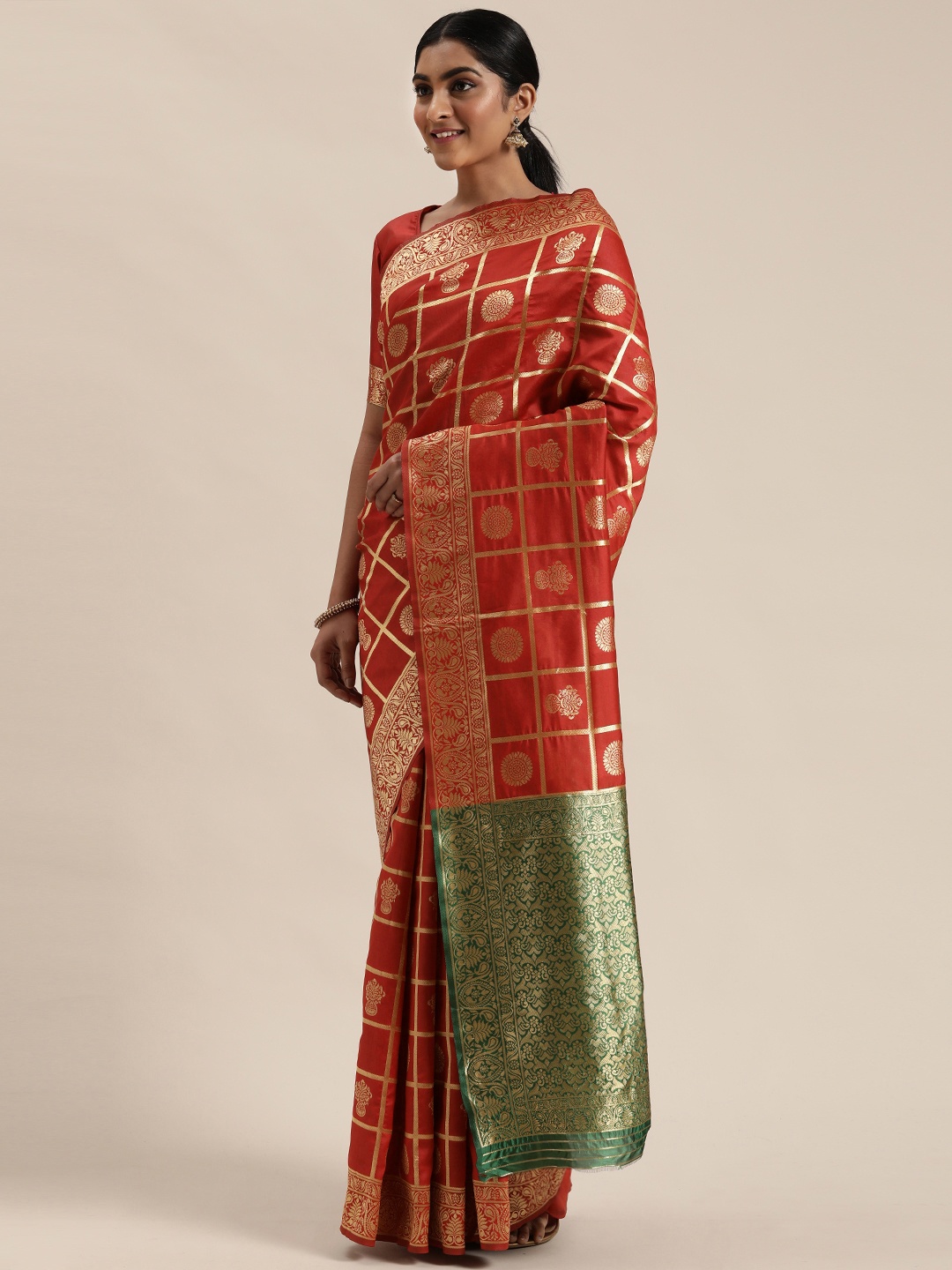 

Mitera Red & Gold-Toned Checked Banarasi Saree
