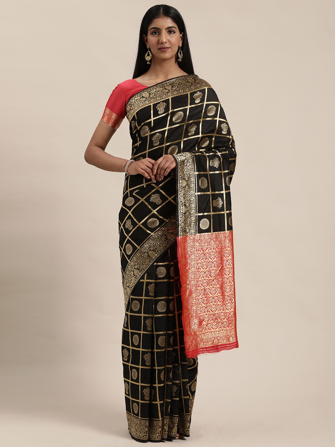 

Mitera Black & Gold-Toned Woven Design Patola Saree