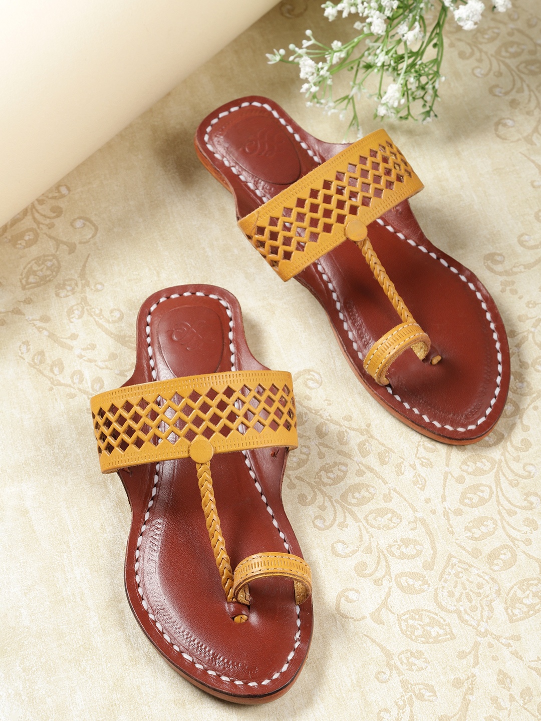 

House of Pataudi Women Mustard Yellow Laser Cut Handcrafted One Toe Flats