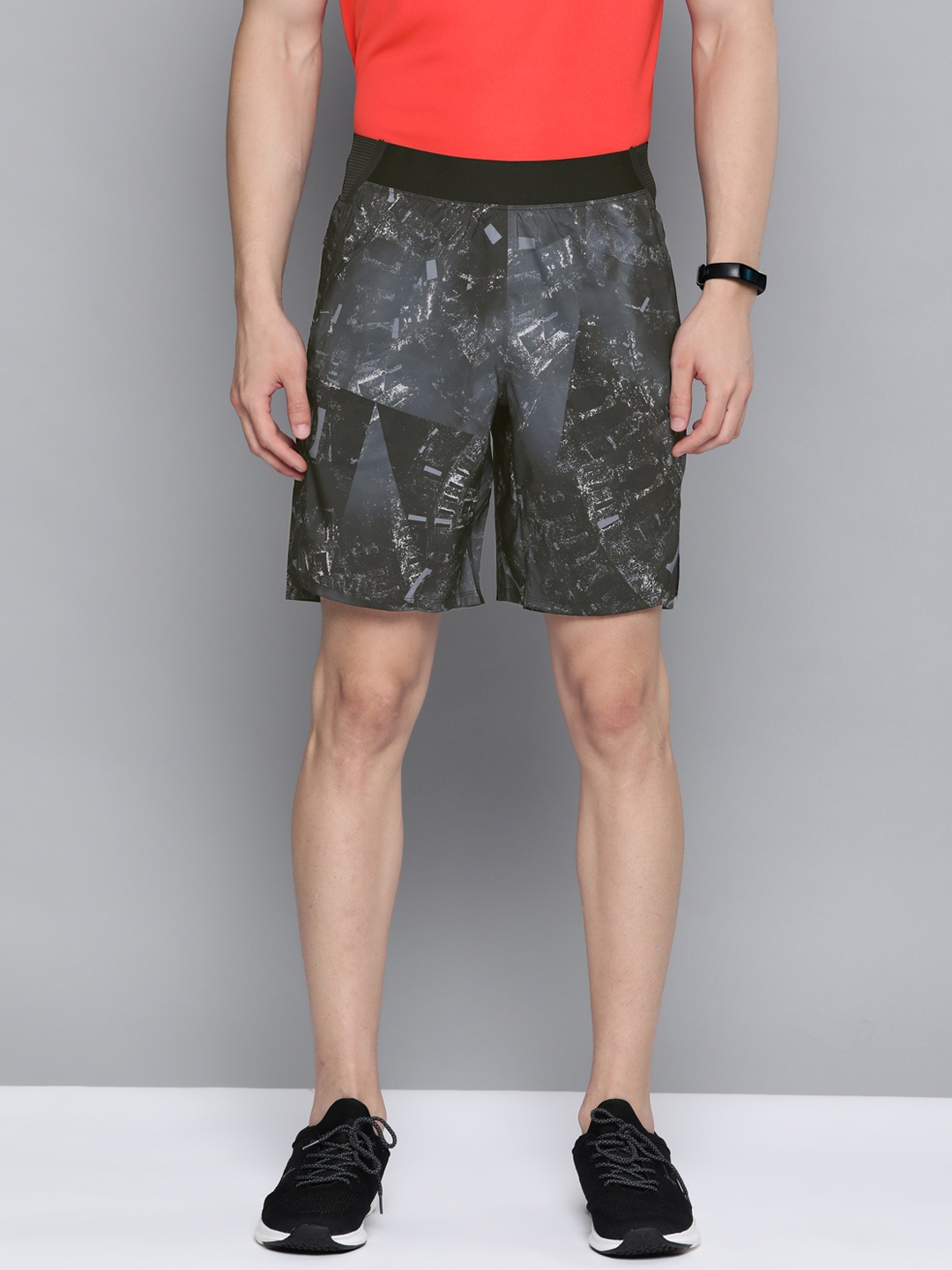 

Reebok Men Black & Charcoal Grey Printed Training Epic Lightweight Shorts