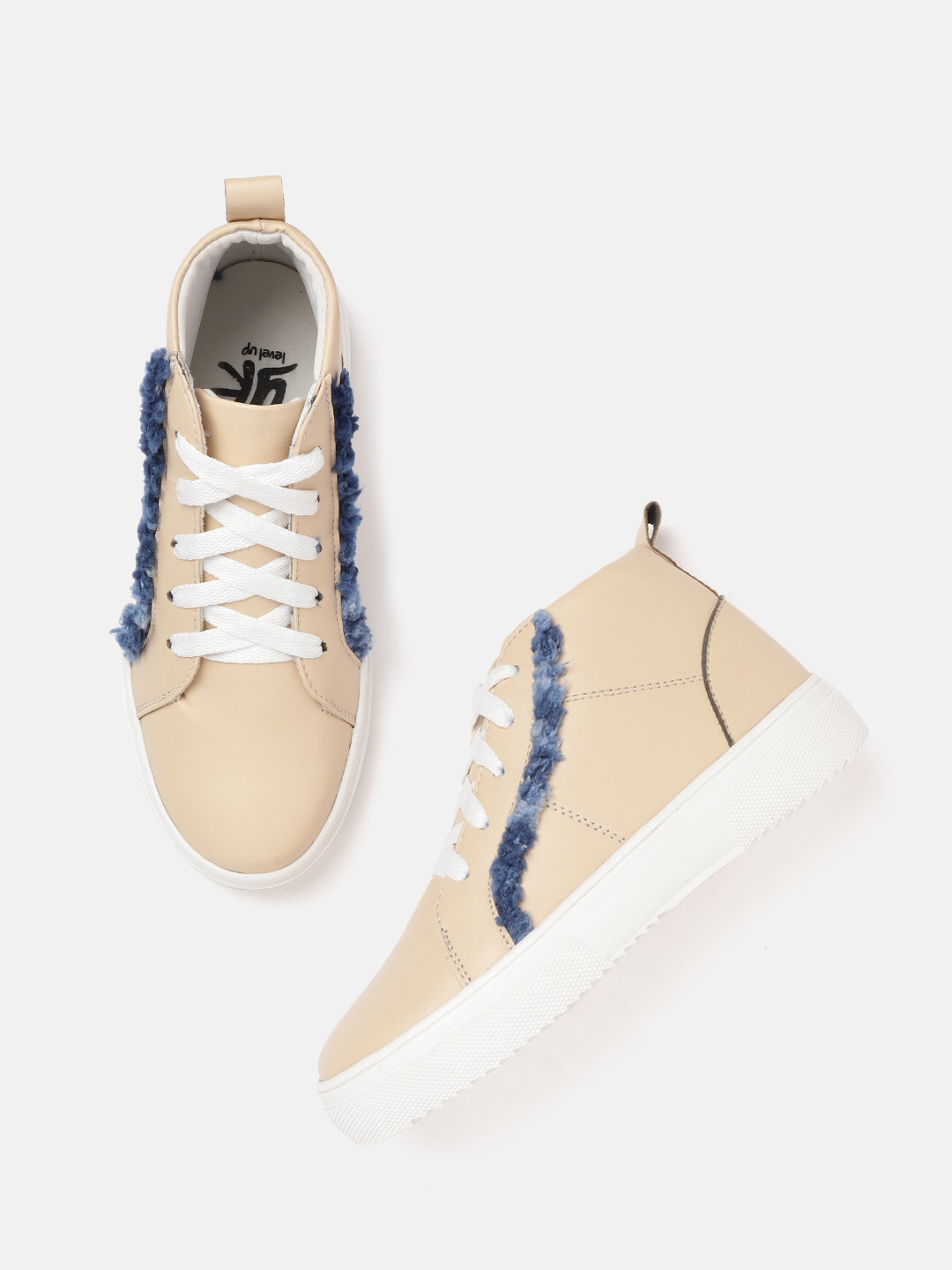 

YK Girls Beige & Blue Solid Sneakers with Faux Fur Detail