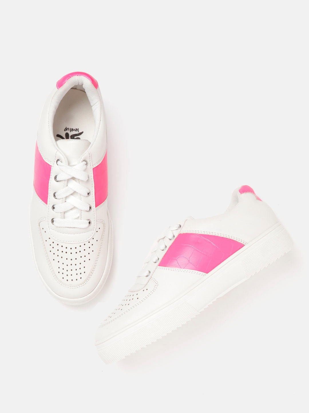 

YK Girls White & Pink Colourblocked Sneakers with Perforated & Croc Textured Detail