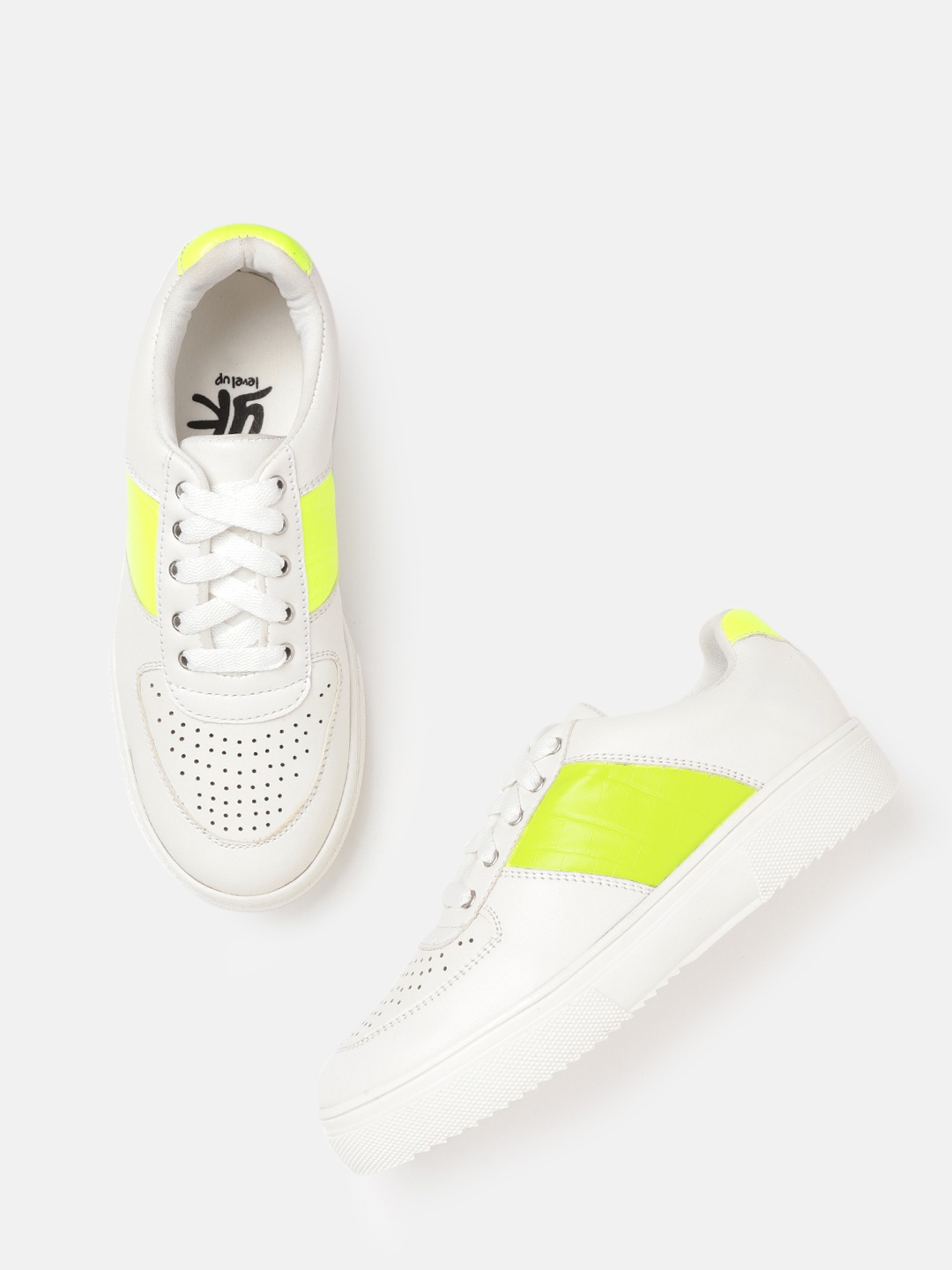 

YK Girls White & Neon Green Colourblocked Sneakers with Perforated & Croc Textured Detail