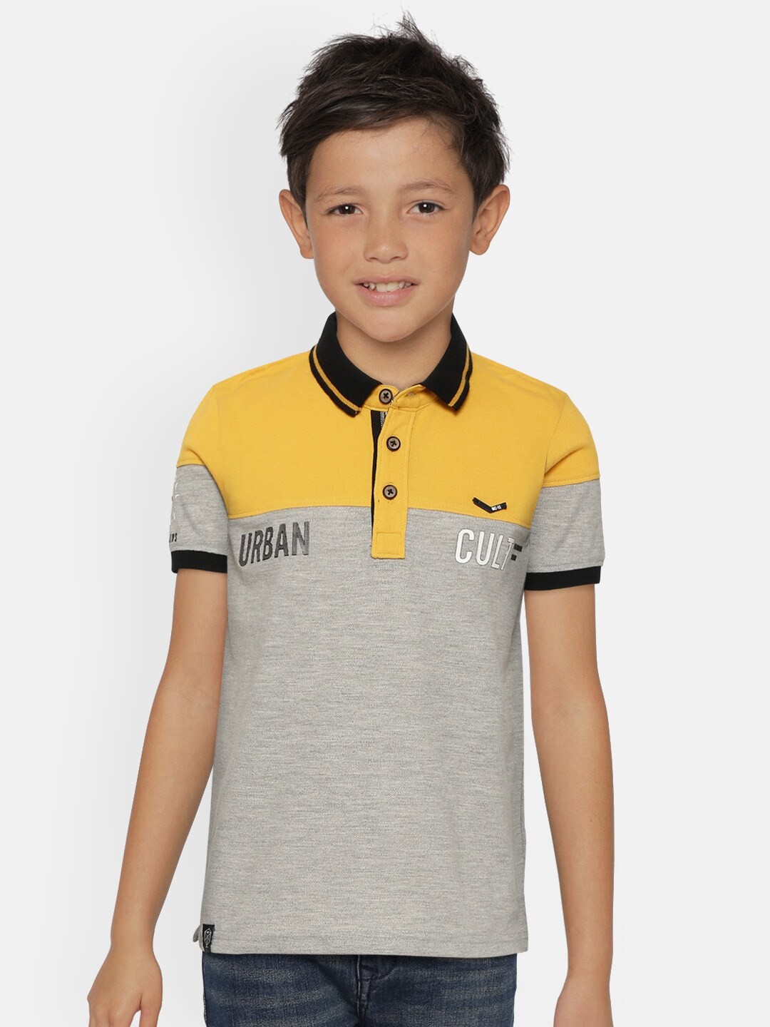 

Monte Carlo Boys Grey Melange & Mustard Yellow Colourblocked Polo Collar T-shirt