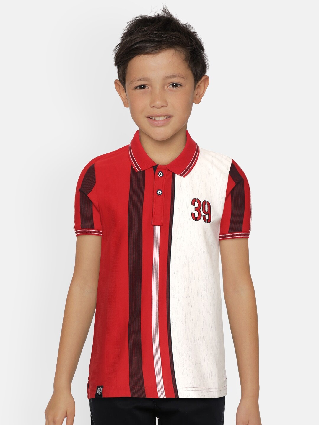 

Monte Carlo Boys Red & White Colourblocked Polo Collar T-shirt with Striped Detail