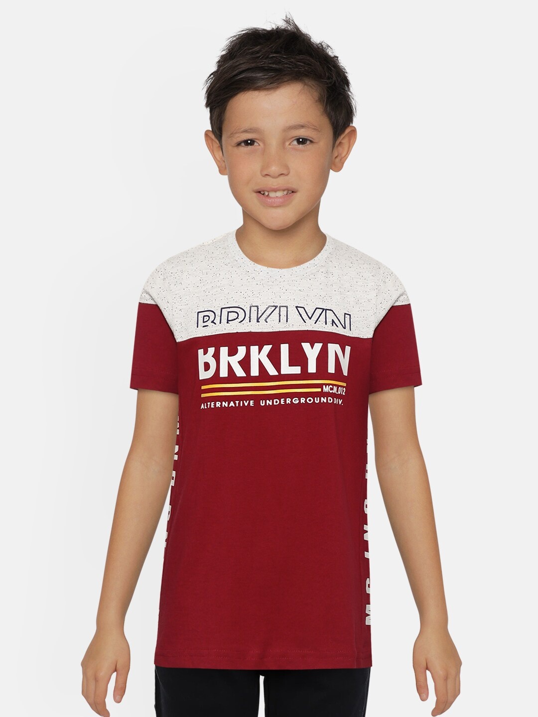 

Monte Carlo Boys Maroon & Grey Melange Typography Print Round Neck T-shirt
