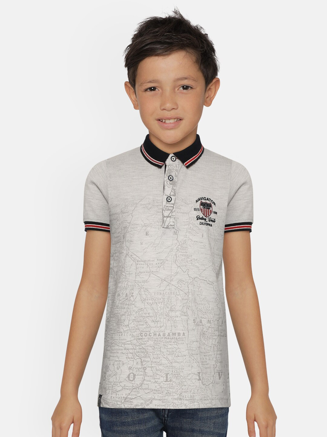 

Monte Carlo Boys Grey Melange Printed Polo Collar T-shirt
