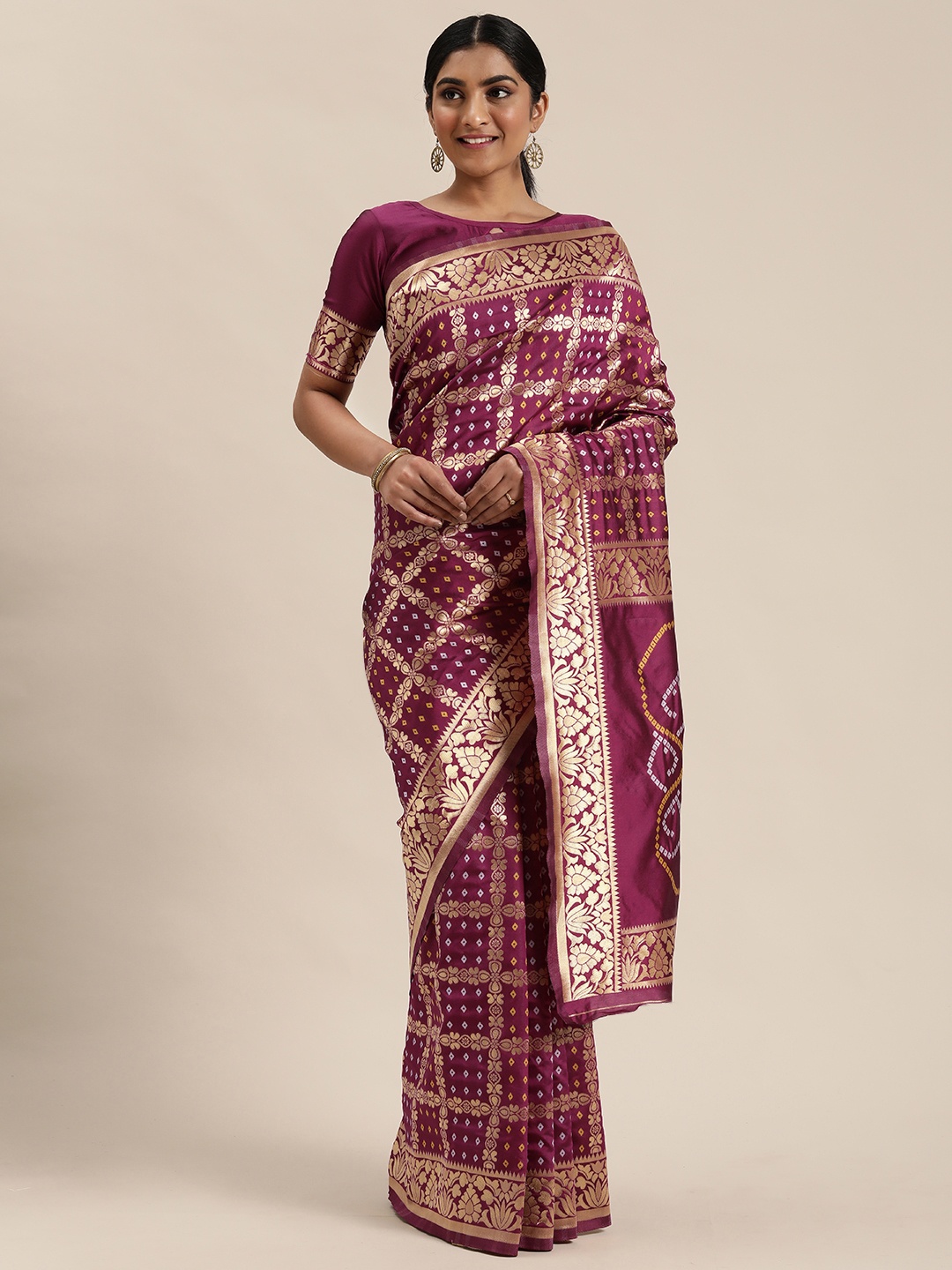 

Mitera Violet & Golden Woven Design Bandhani Saree