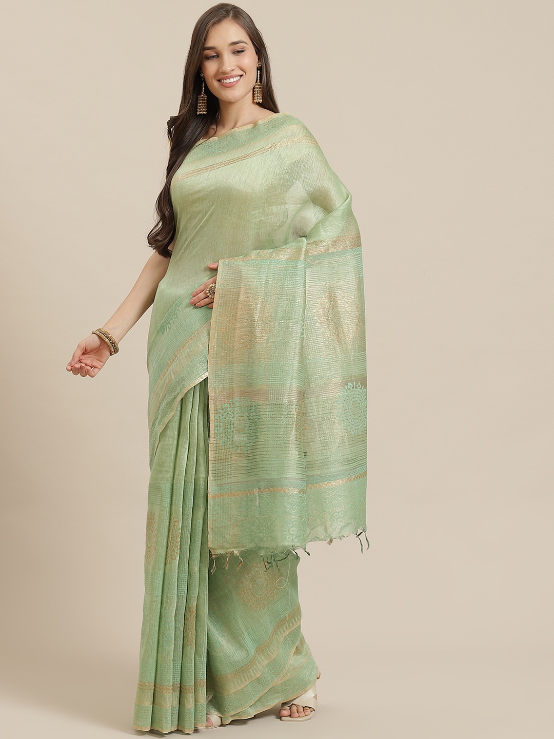 

Nakshi Green & Golden Pure Linen Printed Block Print Handloom Saree