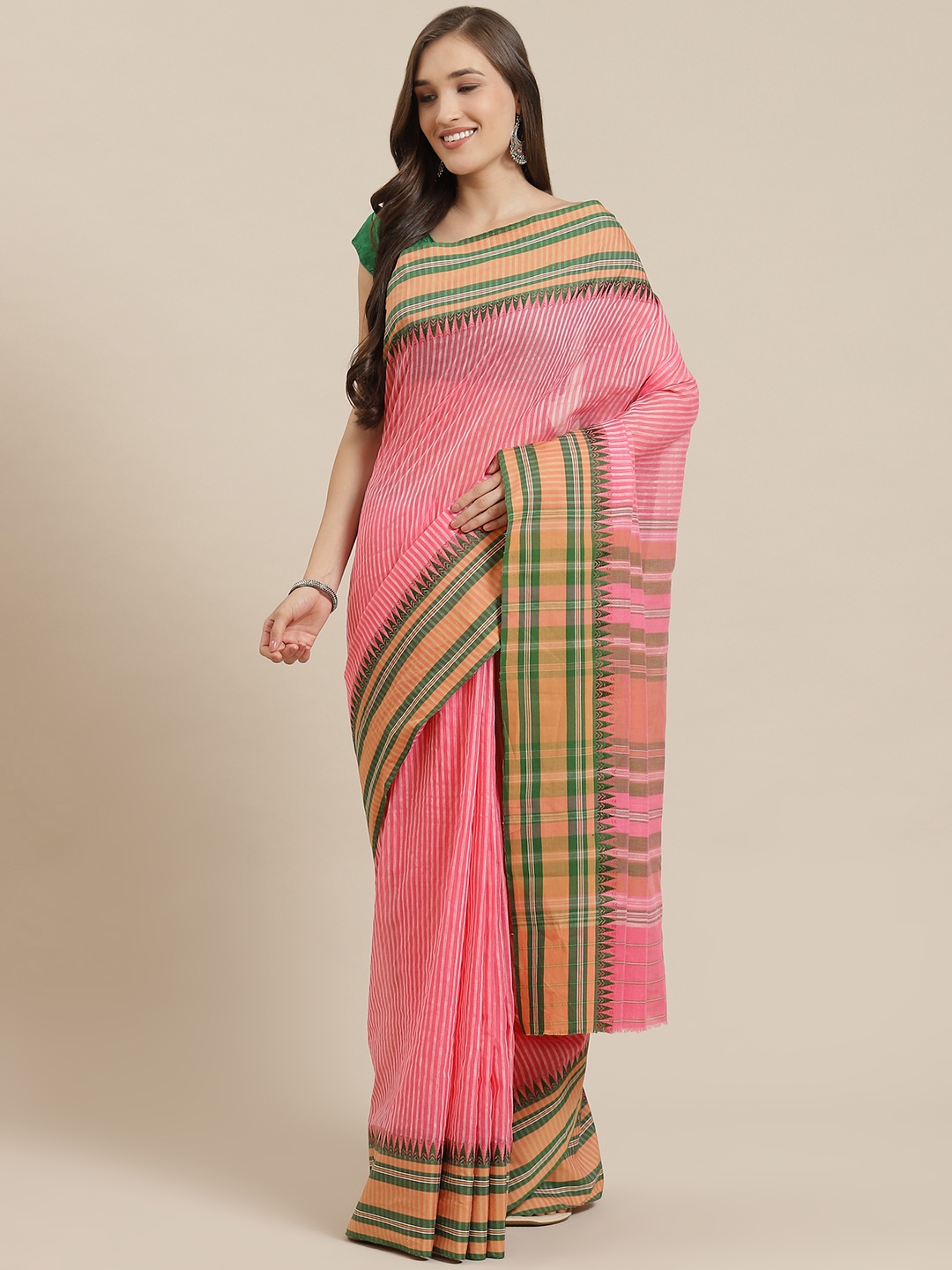 

Nakshi Pink & Green Striped Hand Woven Saree