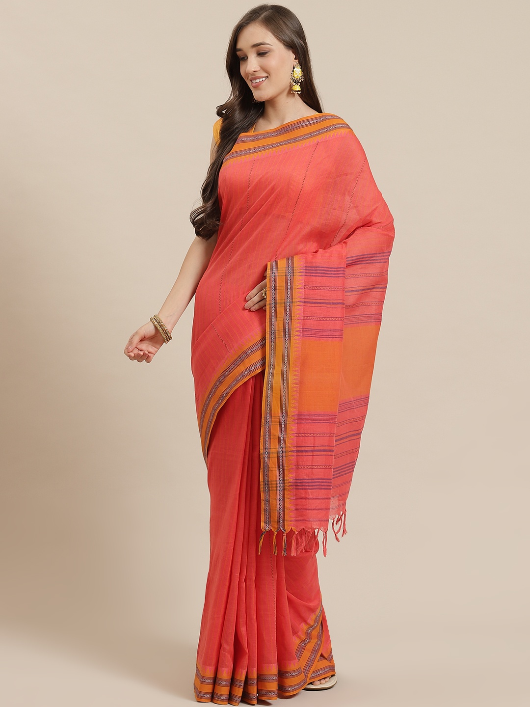 

Nakshi Red & Orange Pure Silk Striped Handloom Saree