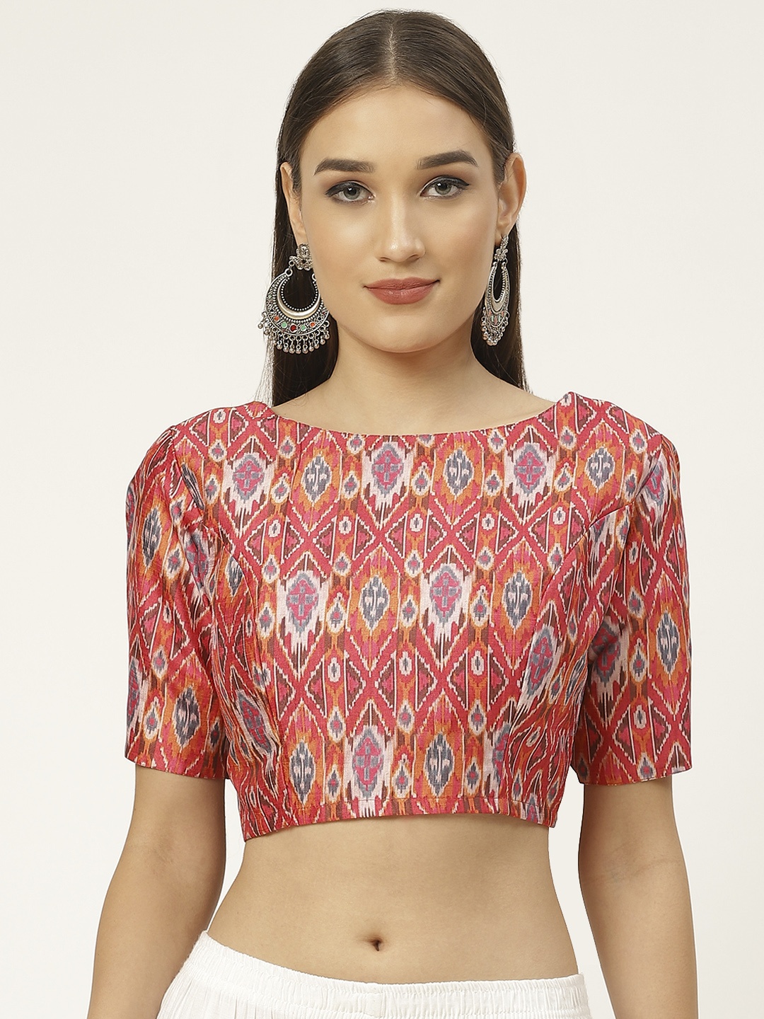 

Studio Shringaar Peach-Coloured & Orange Patola Ikat Print Readymade Saree Blouse