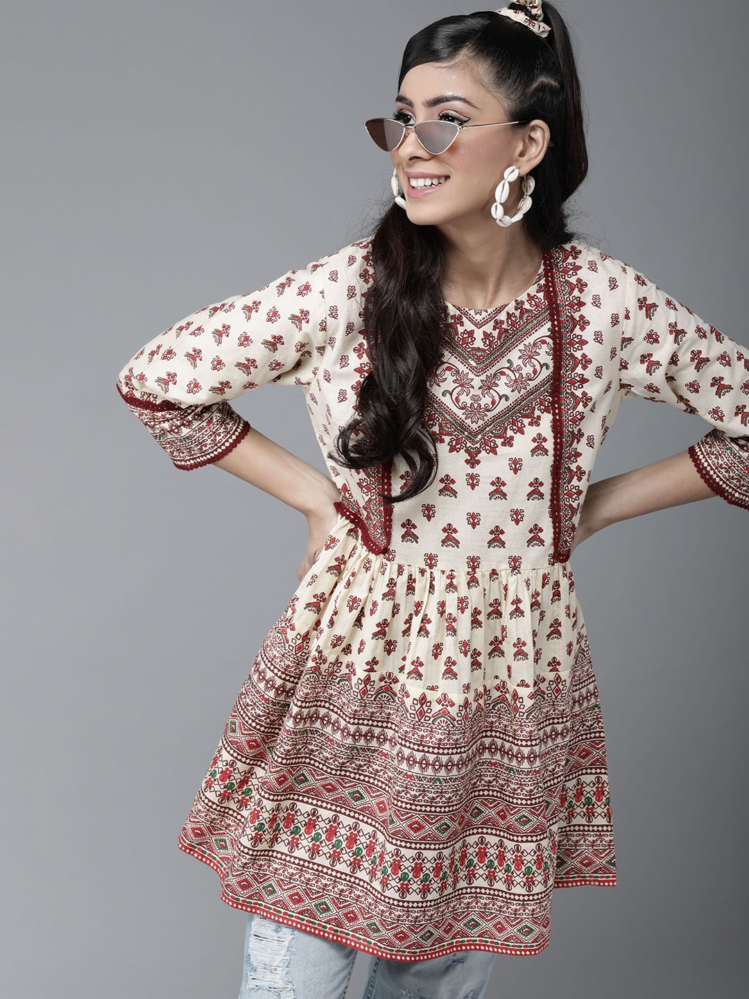 

Juniper Women Cream-Coloured & Maroon Pure Cotton Printed Tunic