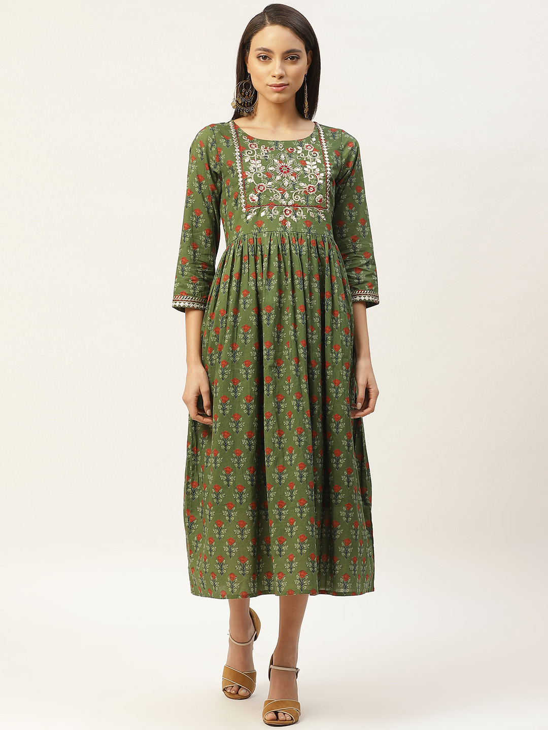 

Shae by SASSAFRAS Women Olive Green & Red Floral Print Cotton A-Line Dress With Gathers