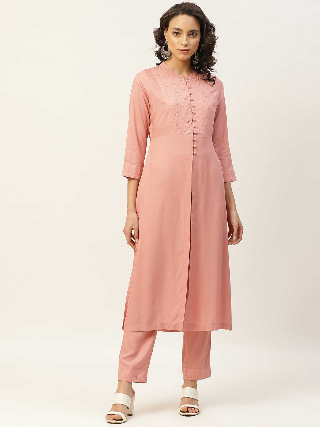 

Shae by SASSAFRAS Women Pink Liva Yoke Schiffli Embroidered Kurta with Trousers