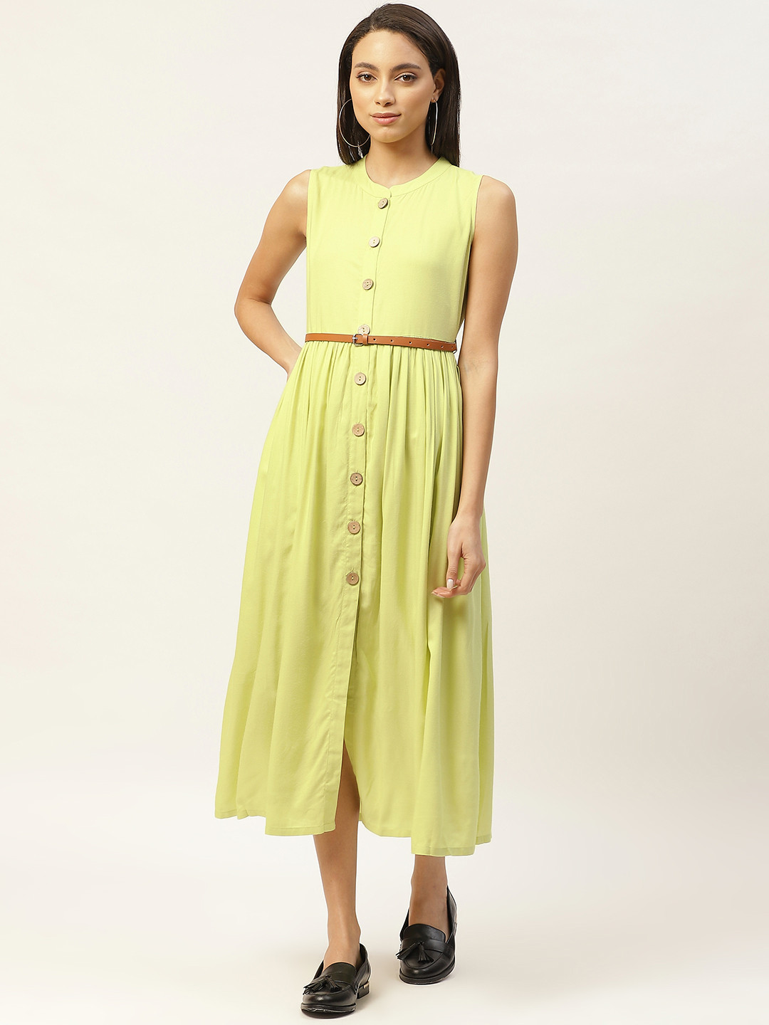 

Shae by SASSAFRAS Women Lime Green Solid A-Line Dress With Belt
