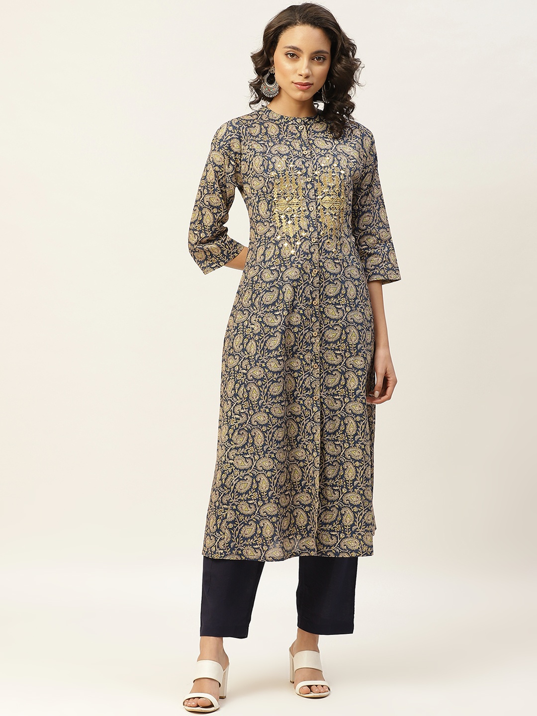 

Shae by SASSAFRAS Women Navy Blue & Beige Pure Cotton Paisley Print A-Line Kurta