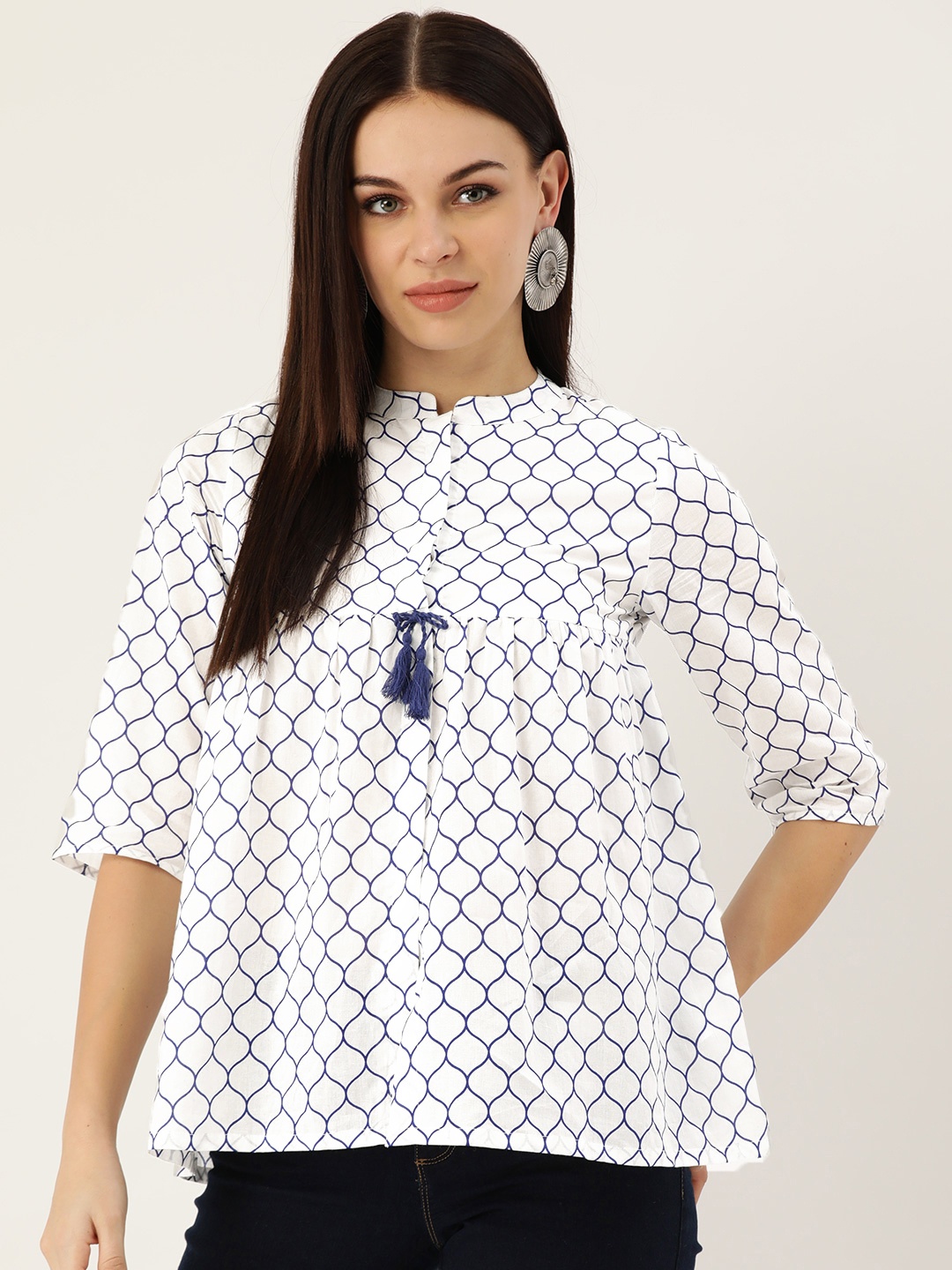 

Shae by SASSAFRAS Women White & Blue Printed Pure Cotton A-Line Top