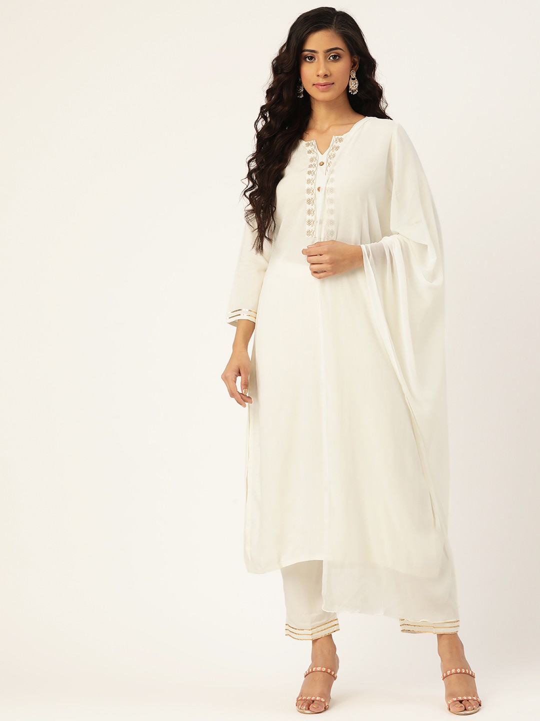 

Shae by SASSAFRAS Women Off-White Liva Yoke Zari Embroidered Kurta with Trousers & Dupatta