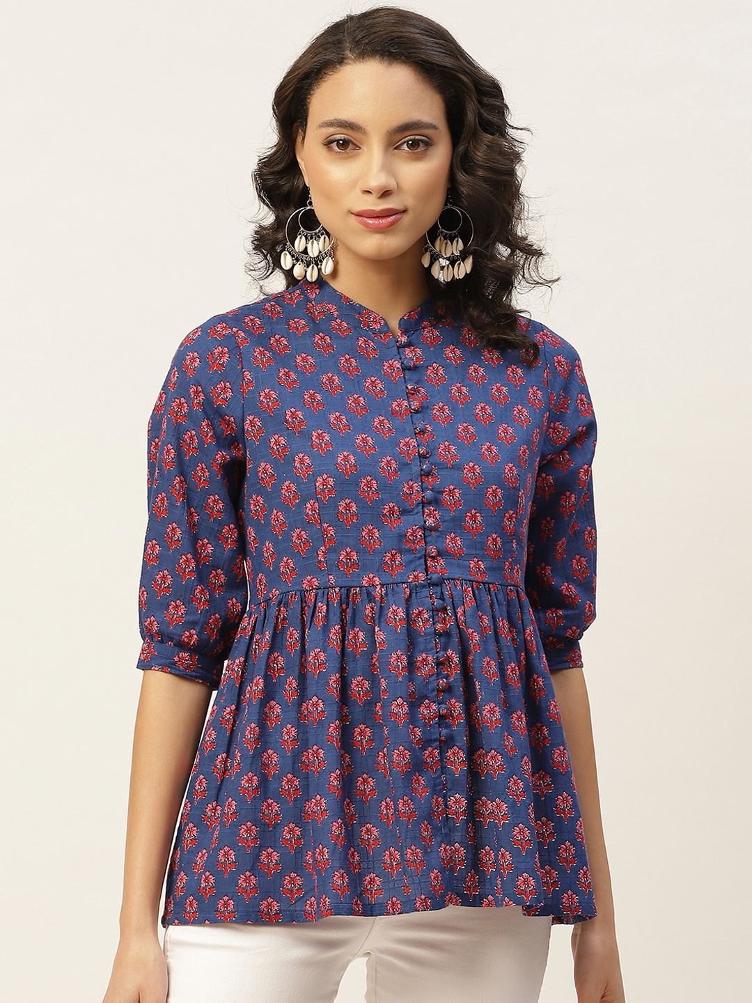 

Shae by SASSAFRAS Women Blue & Pink Printed Pure Cotton Mandarin Collar A-Line Top