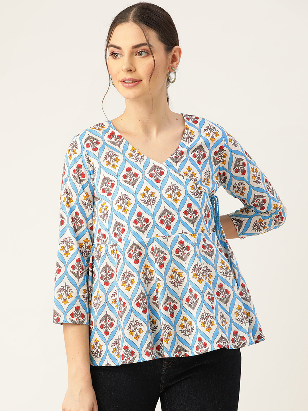 

Shae by SASSAFRAS White & Blue Ethnic Motifs Print Wrap Top