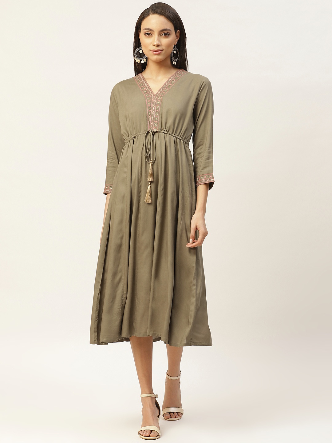 

Shae by SASSAFRAS Women Khaki Solid A-Line Dress With Embroidered Neck