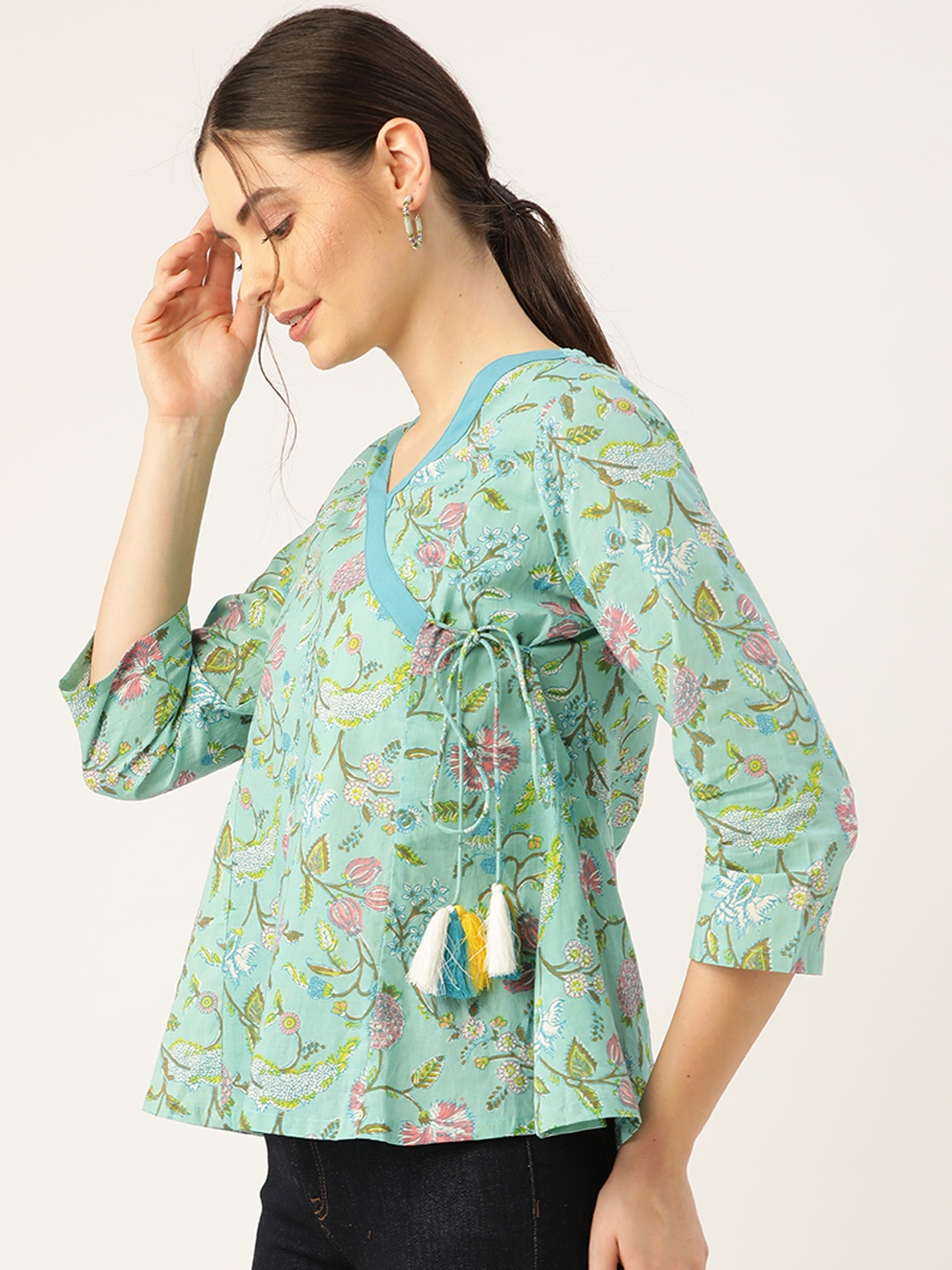 

Shae by SASSAFRAS Green & Pink Ethnic Motifs Print Wrap Top