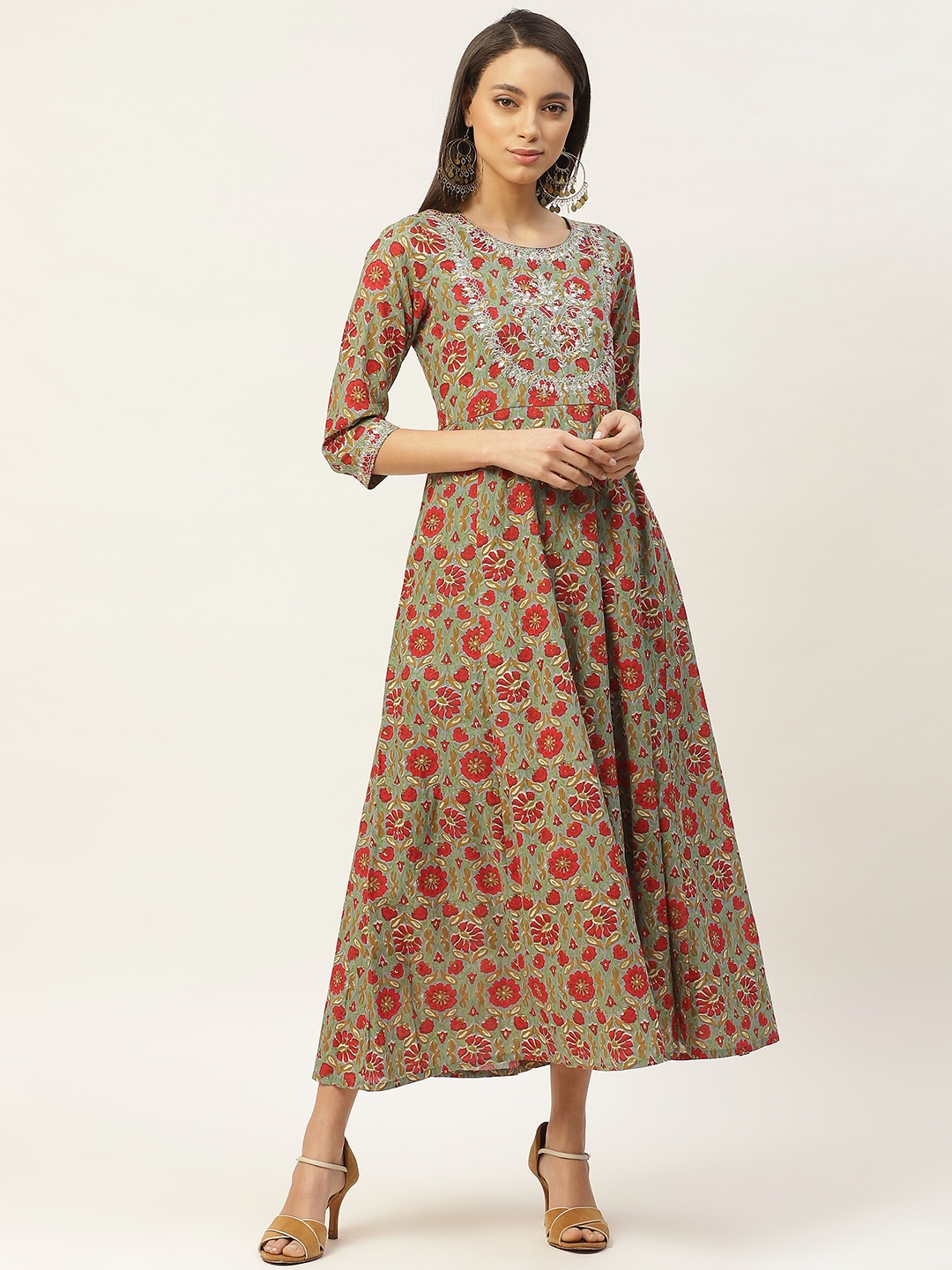 

Shae by SASSAFRAS Women Green & Red Cotton Floral Printed Maxi Dress