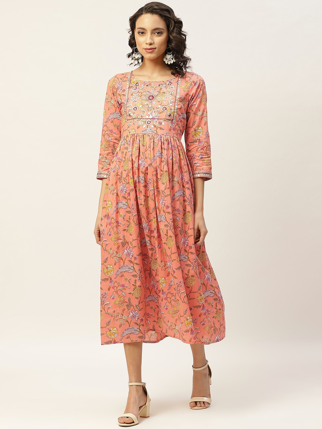 

Shae by SASSAFRAS Women Orange & White Floral Printed Cotton A-Line Dress With Gathers
