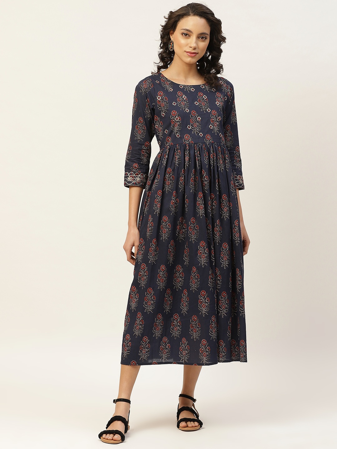 

Shae by SASSAFRAS Women Navy Blue & Maroon Floral Printed Pure Cotton A-Line Dress