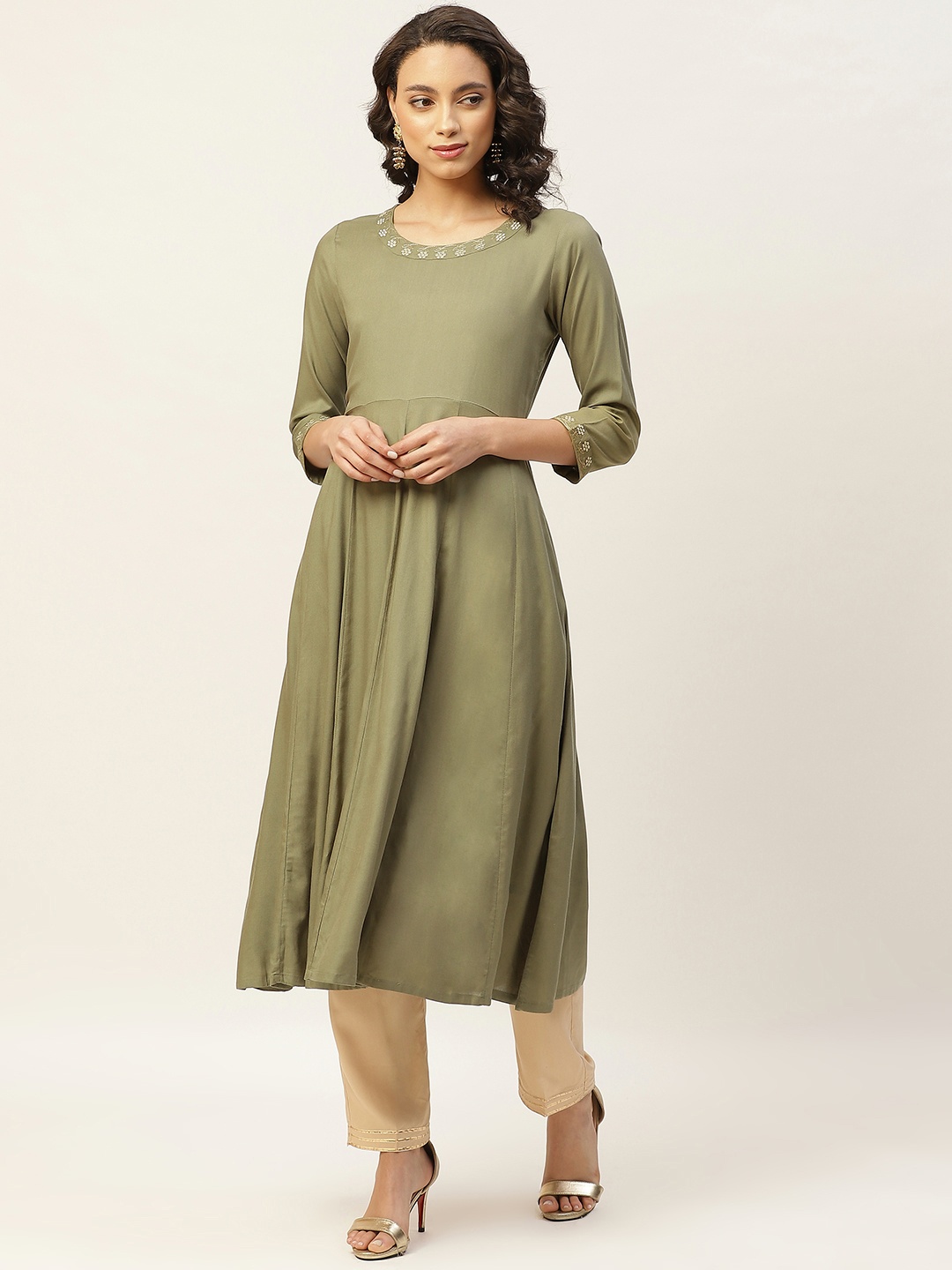 

Shae by SASSAFRAS Women Olive Green Zari Neck Embroidery A-Line Kurta