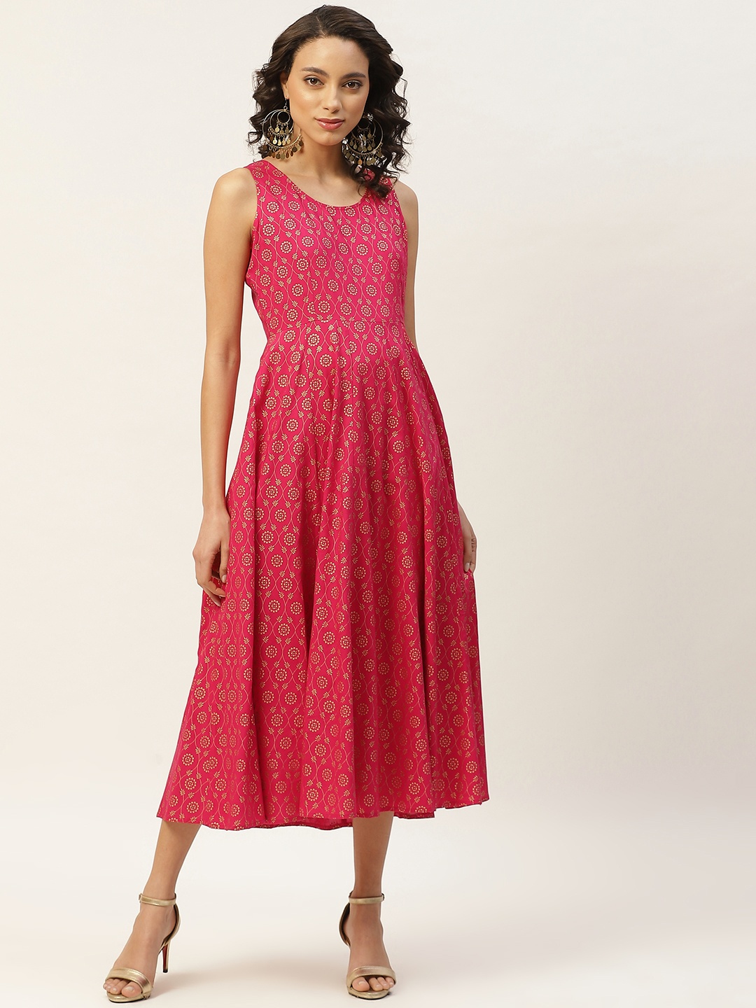 

Shae by SASSAFRAS Women Pink & Golden Foil Printed A-Line Ethnic Dress