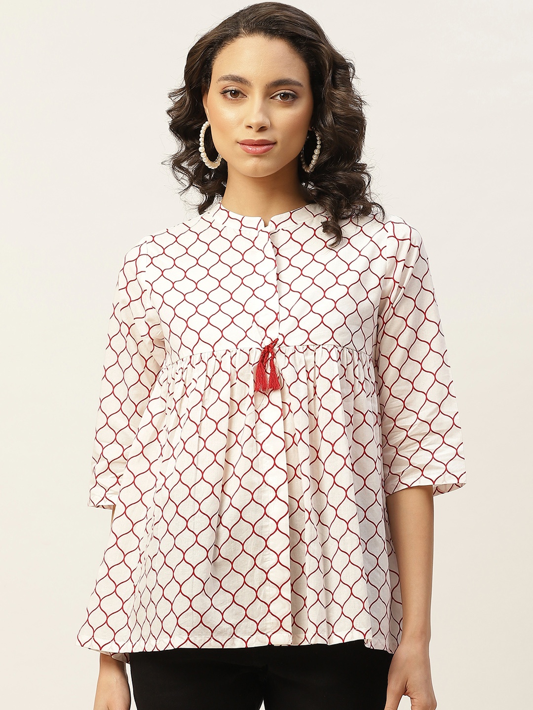 

Shae by SASSAFRAS White & Maroon Geometric Printed Pure Cotton Mandarin Collar Empire Top