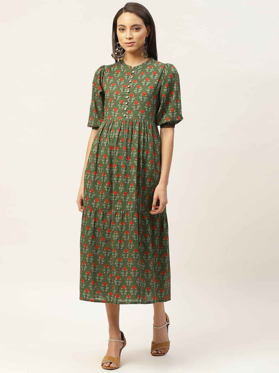 

Shae by SASSAFRAS Women Green & Red Floral Printed Pure Cotton Tiered A-Line Dress