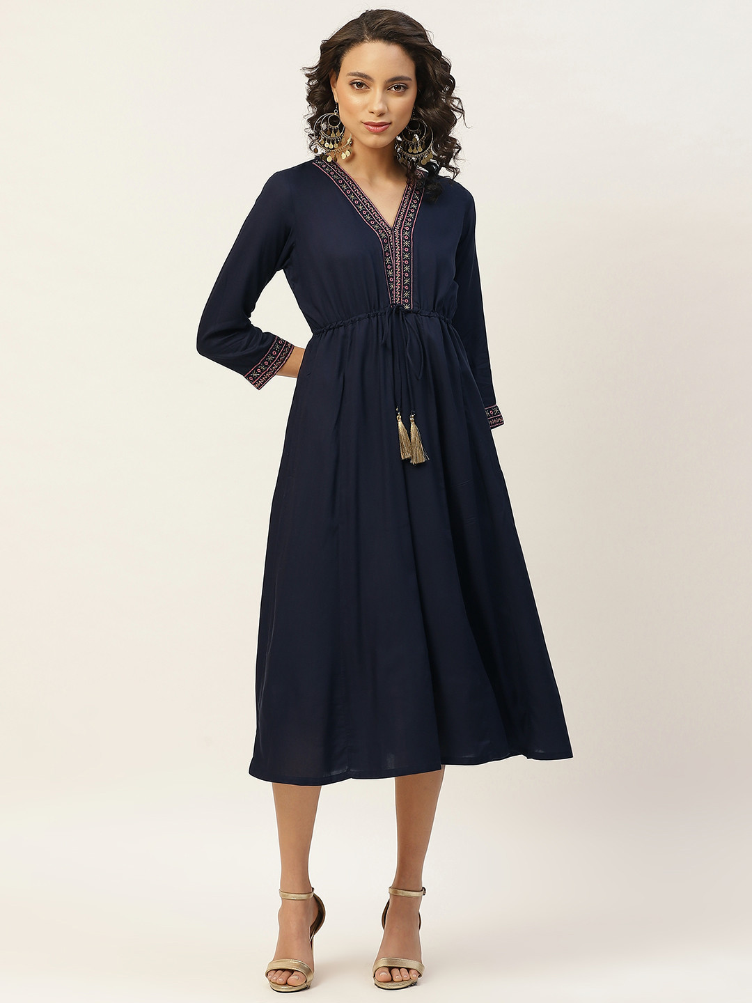 

Shae by SASSAFRAS Women Navy Blue Solid A-Line Dress With Embroidered Neck