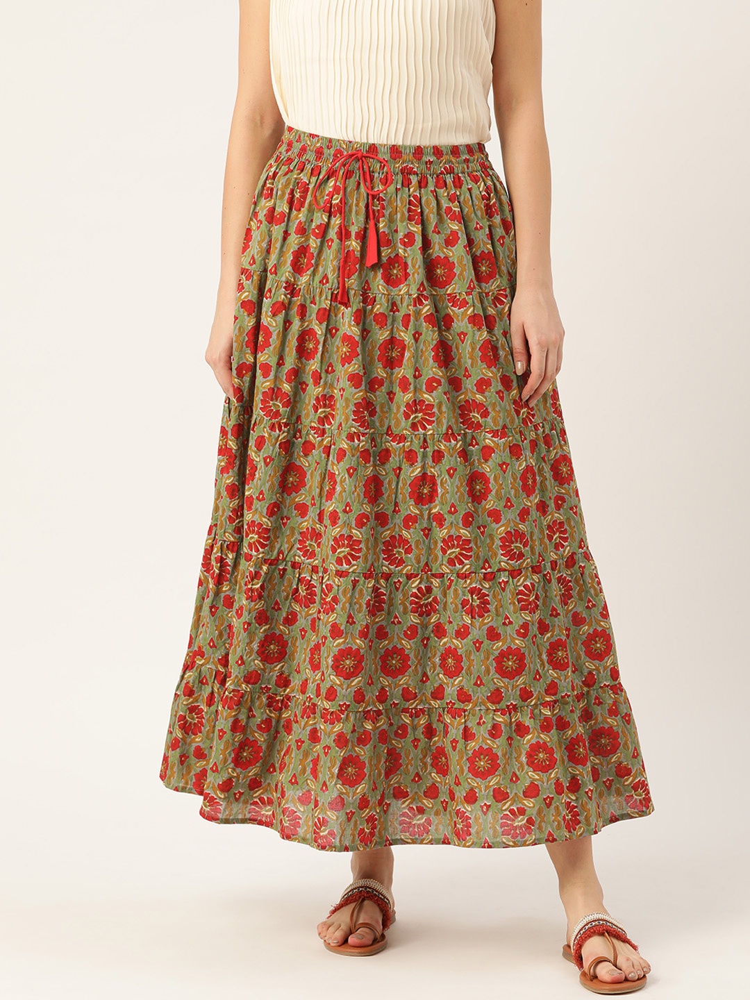 

Shae by SASSAFRAS Women Green & Red Pure Cotton Printed Maxi Tiered Skirt